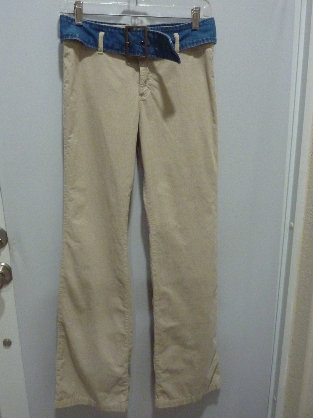 Vintage BRENZO JEANSWEAR Corduroy BELTED Pants Women Size 28x31 Flare Leg BEIGE